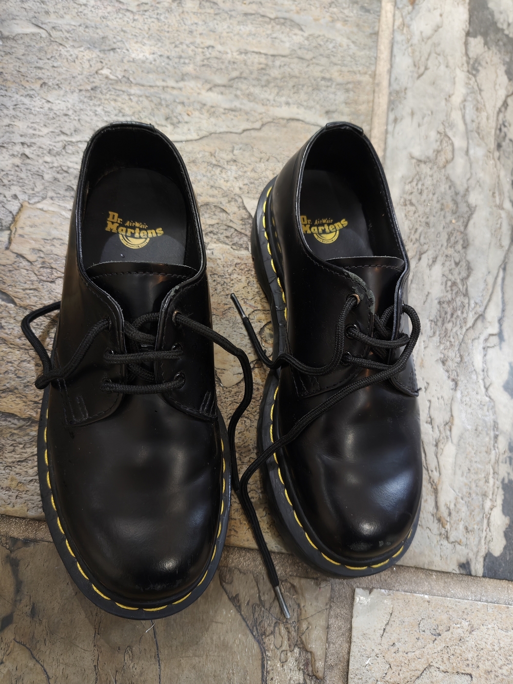 Dr. Martens Black 3-Eye Derby Shoes with Yellow Stitching L7, M6